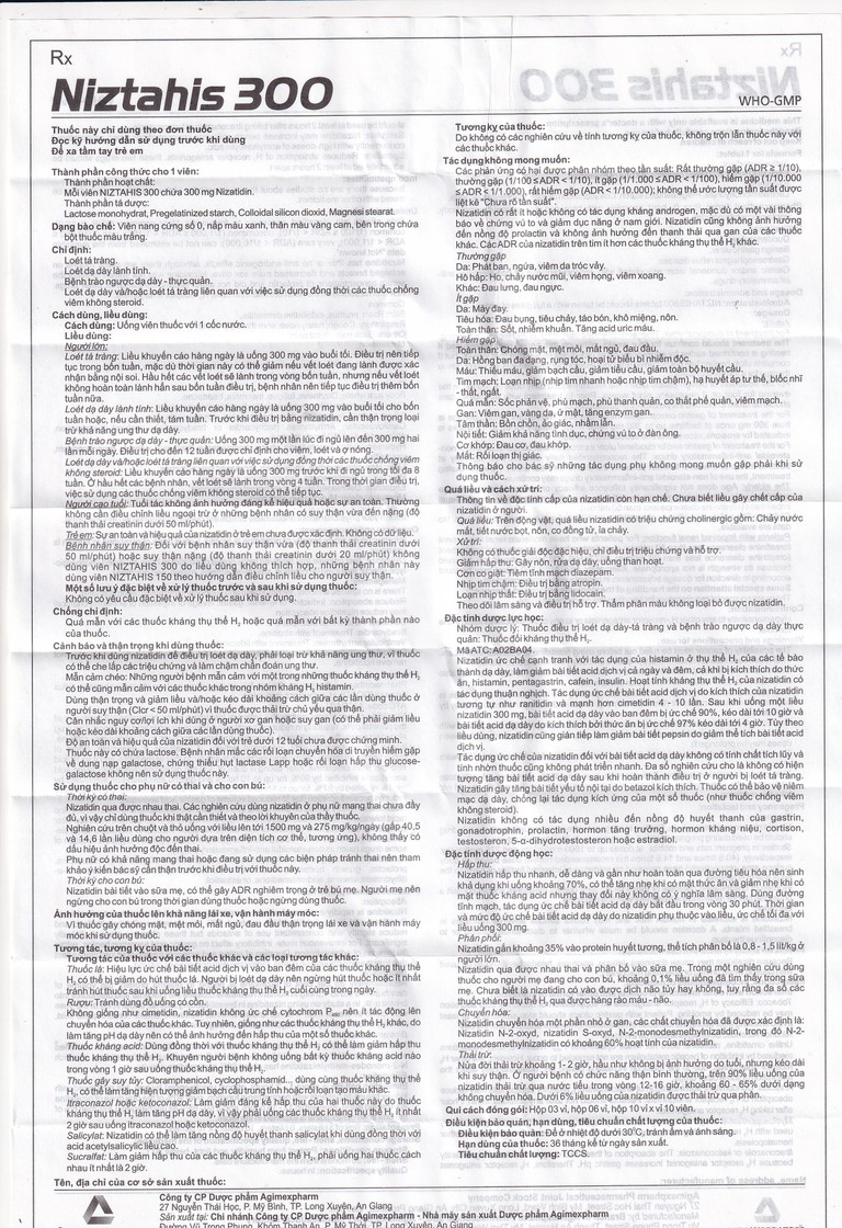 Thuốc Niztahis 300 Agimexpharm điều trị loét tá tràng, loét dạ dày lành tính, bệnh trào ngược dạ dày, thực quản (3 vỉ x 10 viên)