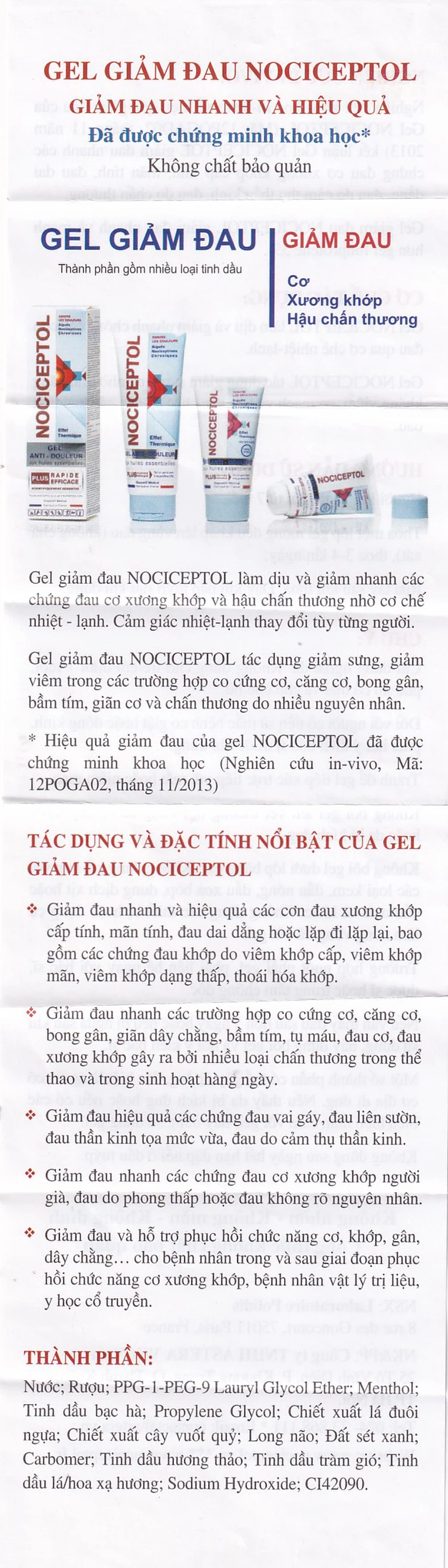 Gel bôi ngoài da Nociceptol Gel giảm đau, nhức, mỏi cơ, xương, khớp, chấn thương, giảm bầm tím, sưng nề (60ml)