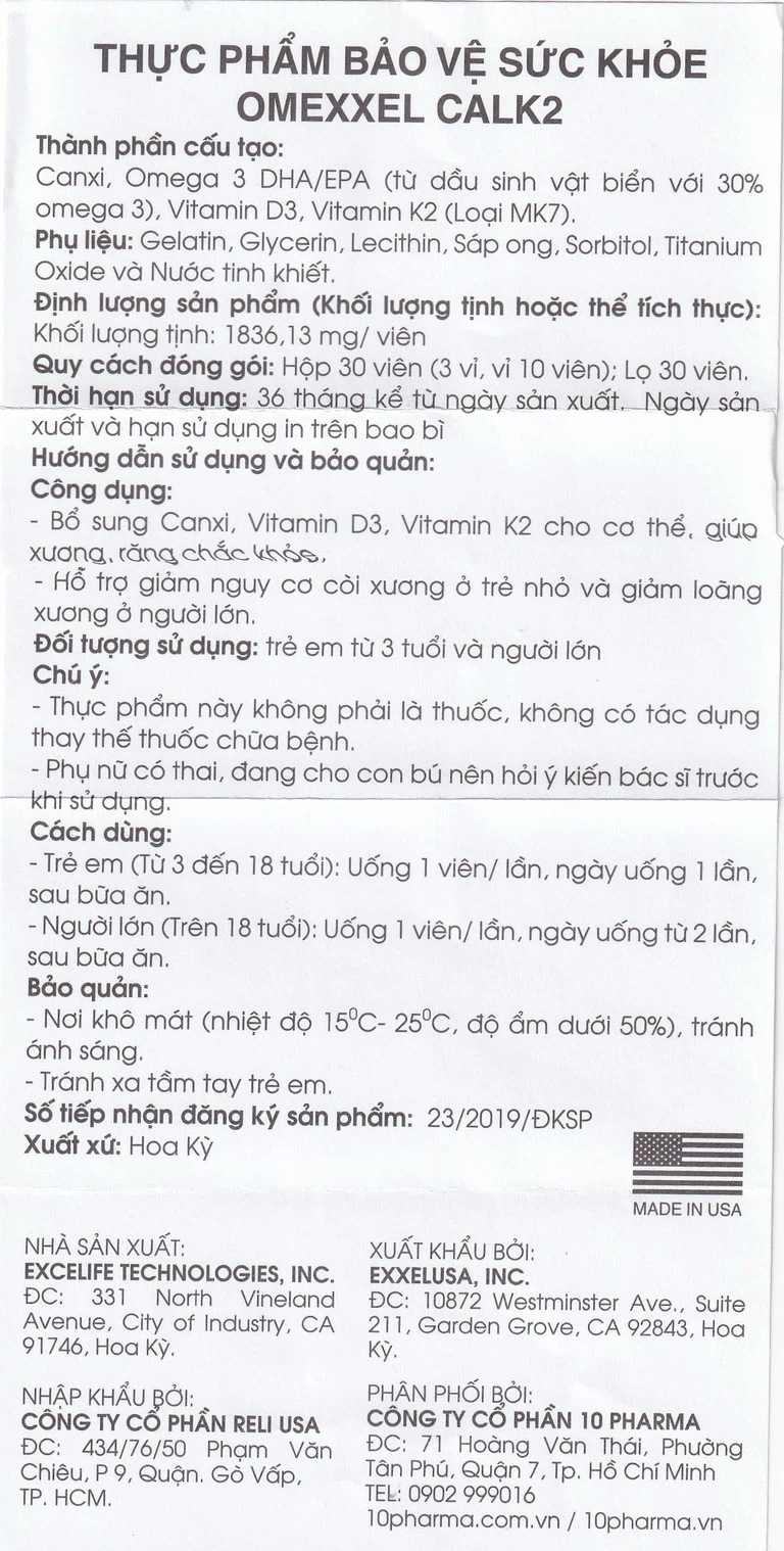 Viên uống Omexxel Calk2 Excelife bổ sung Canxi, Vitamin D3 (3 vỉ x 10 viên)