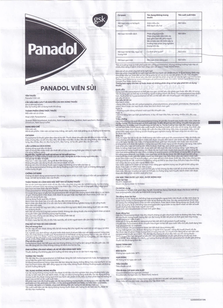 Viên sủi Panadol GSK giảm đau nhẹ và hạ sốt (6 vỉ x 4 viên)