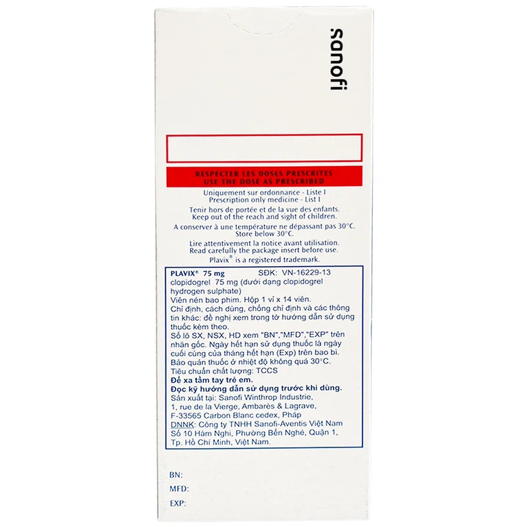 Thuốc Plavix 75mg Sanofi giảm nguy cơ thành lập cục máu đông, huyết khối (1 vỉ x 14 viên)