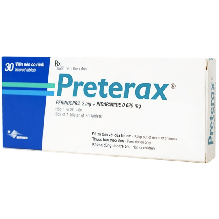 Thuốc Preterax 2mg/0.65mg Servier điều trị tăng huyết áp vô căn (1 vỉ x 30 viên) 