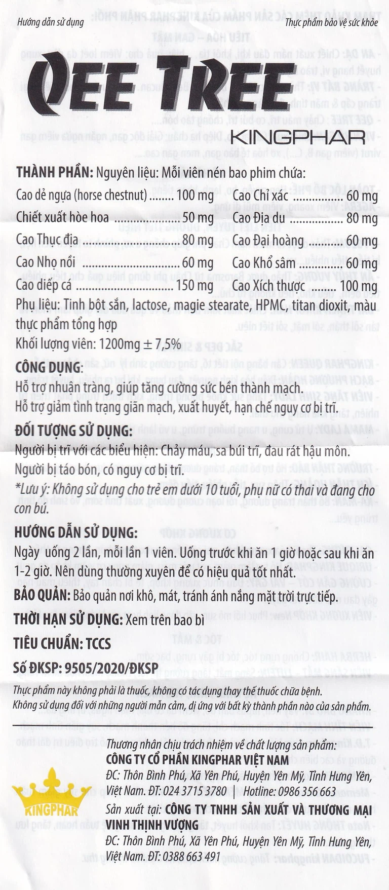 Viên uống Qee Tree Kingphar tăng độ bền thành mạch, nhuận tràng, chống táo bón (60 viên)