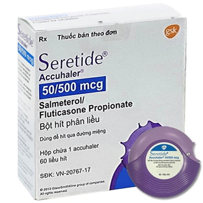 Bột hít phân liều Seretide Evohaler DC 50/500 Gsk điều trị hen phế quản, tắc nghẽn phổi mạn tính (60 liều)