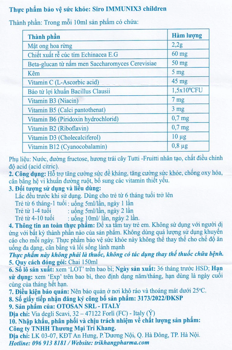 Siro Immunix3 Children 150ml Otosan hỗ trợ tăng cường đề kháng, tăng cường sức khỏe