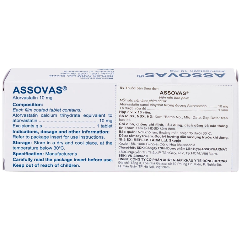 Thuốc Assovas 10mg Assopharma điều trị tăng cholesterol máu nguyên phát (3 vỉ x 10 viên)