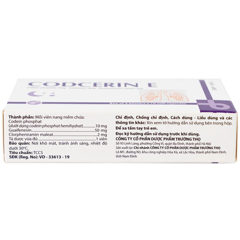 Thuốc Codcerin E Trường Thọ điều trị viêm phế quản, viêm họng, viêm phổi, ho do kích ứng (2 vỉ x 10 viên)