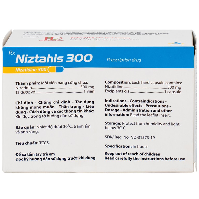 Thuốc Niztahis 300 Agimexpharm điều trị loét tá tràng, loét dạ dày lành tính, bệnh trào ngược dạ dày, thực quản (3 vỉ x 10 viên)