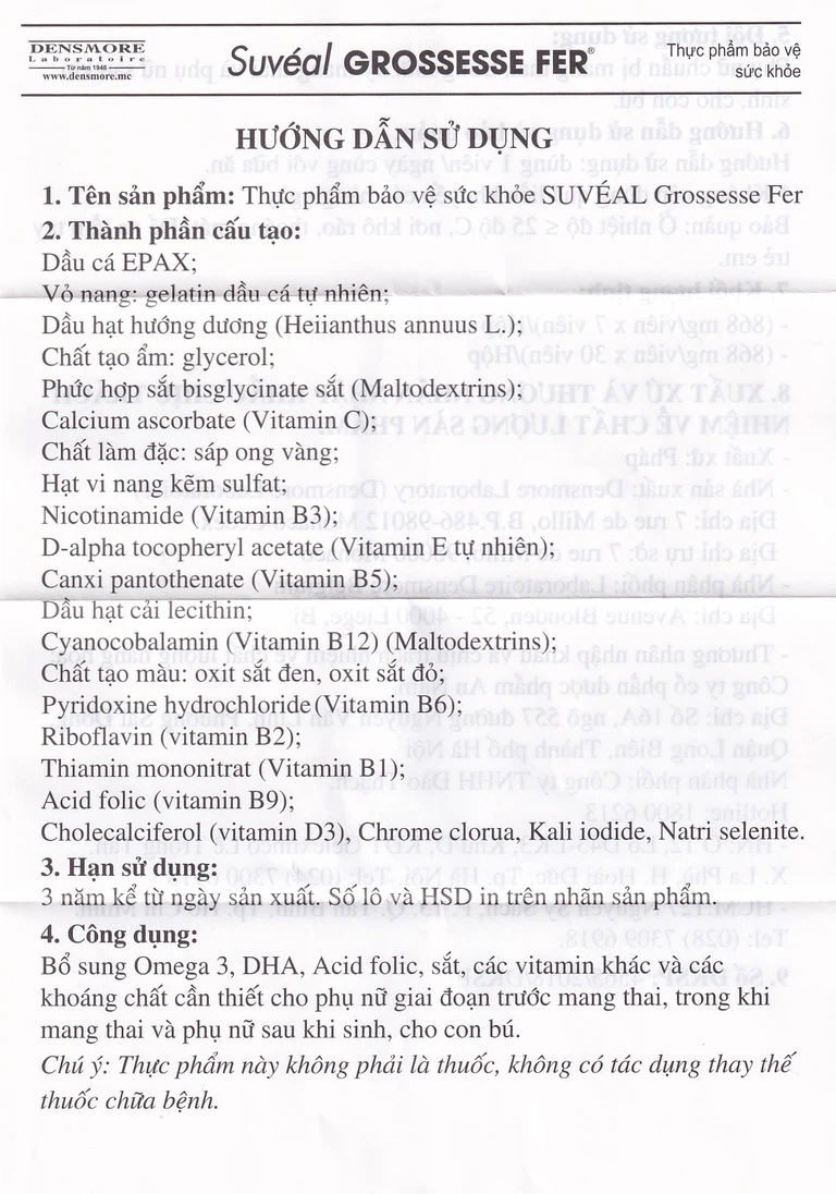 Viên uống Suvéal Grossesse Fer Densmore bổ sung Omega 3, DHA, Vitamin, khoáng chất (2 vỉ x 15 viên)