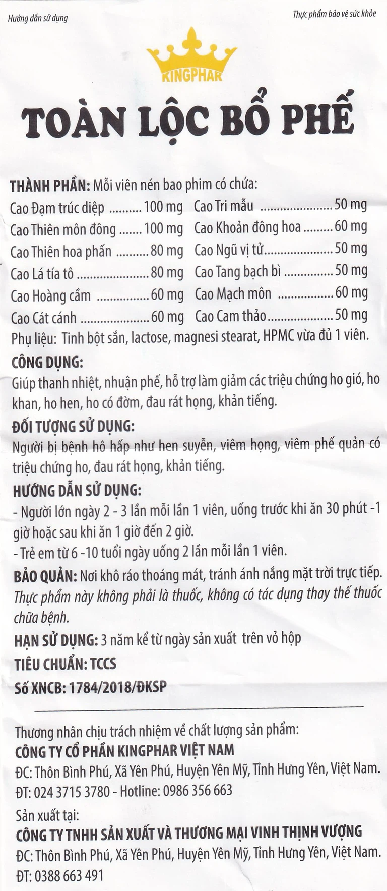 Viên uống Toàn Lộc Bổ Phế Kingphar giúp thanh nhiệt, nhuận phế (60 viên)