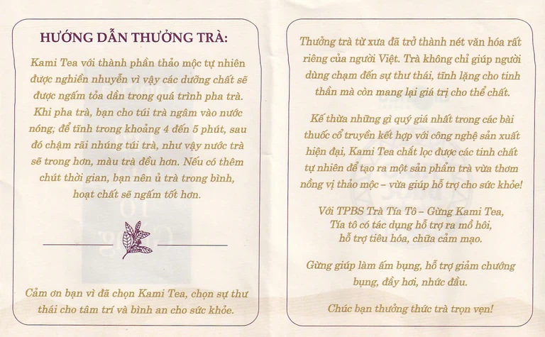 Trà Tía Tô – Gừng Kami Tea hỗ trợ tiêu hoá, chữa cảm mạo, nhức đầu, bụng dầy trướng (20 túi)
