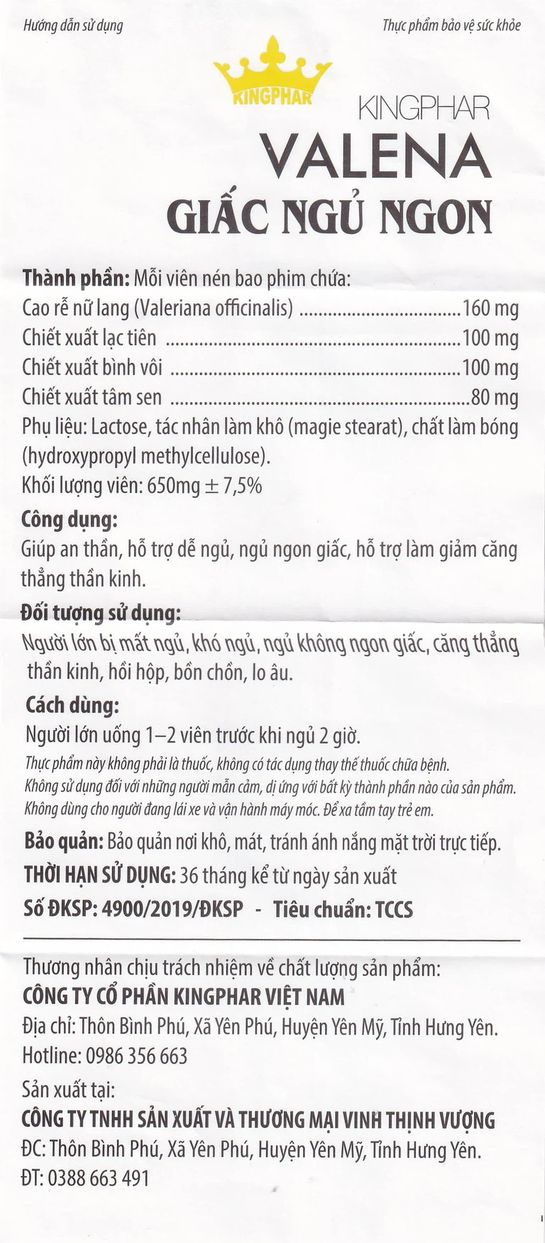 Viên uống Valena Kingphar giúp an thần, hỗ trợ dễ ngủ (4 vỉ x 10 viên)