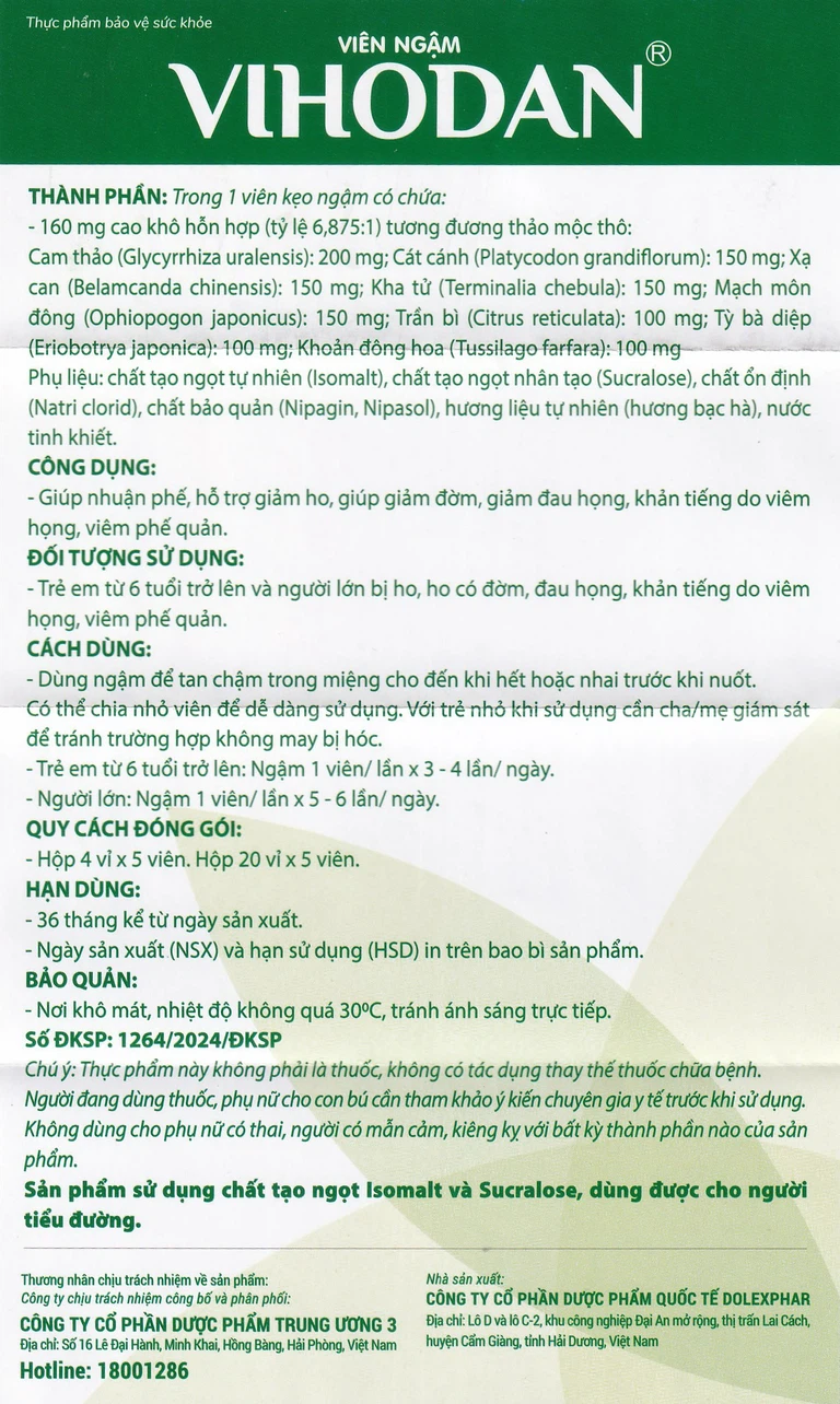 Viên ngậm Vihodan TW3 giúp nhuận phế, hỗ trợ giảm ho, giúp giảm đờm, giảm đau họng (20 vỉ x 5 viên)