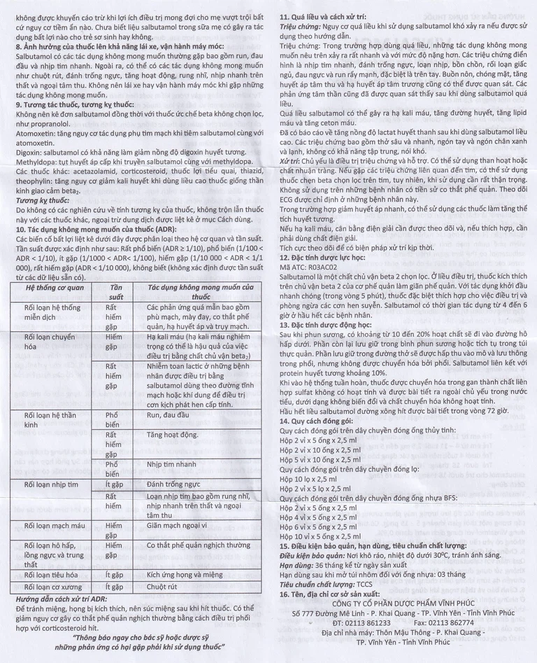 Thuốc Vinsalmol 2.5mg/2.5ml Vinphaco hỗ trợ kiểm soát co thắt phế quản mạn, hen ác tính (2 vỉ x 5 ống)