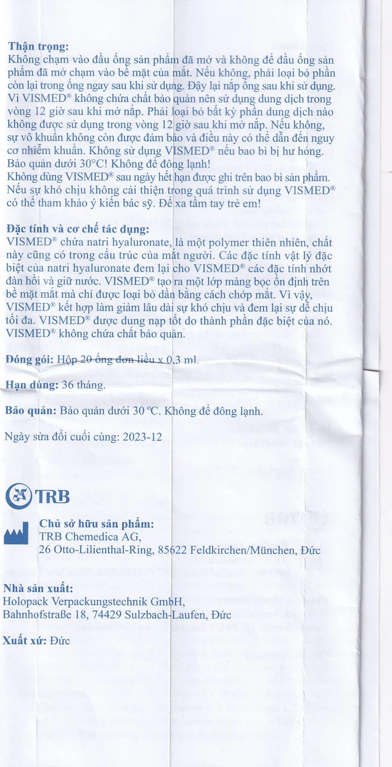 Dung dịch nhỏ mắt Vismed TRB Chemedica dùng cho khô mắt hoặc tổn thương bề mặt nhãn cầu (20 ống x 0.3 ml)