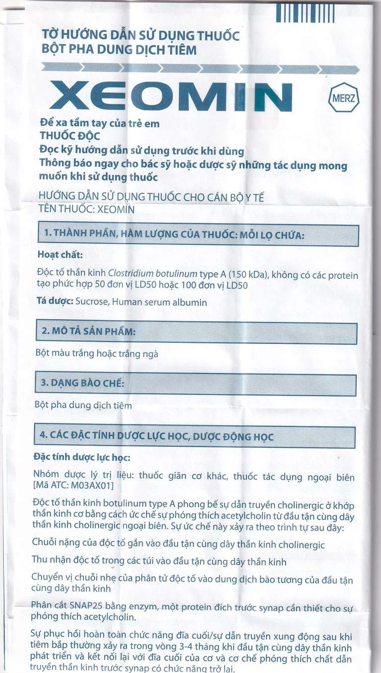 Thuốc Xeomin 100 Units Merz điều trị loạn trương lực cơ cổ, co thắt mi, co cứng sau đột quỵ chi trên