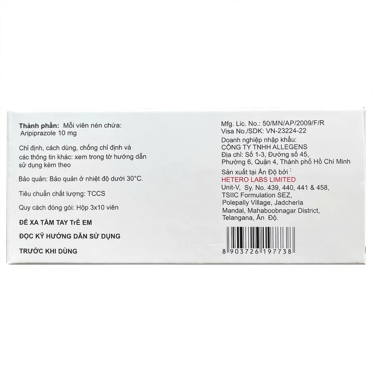 Thuốc Aritero 10 Hetero điều trị tâm thần phân liệt, rối loạn lưỡng cực (3 vỉ x 10 viên)