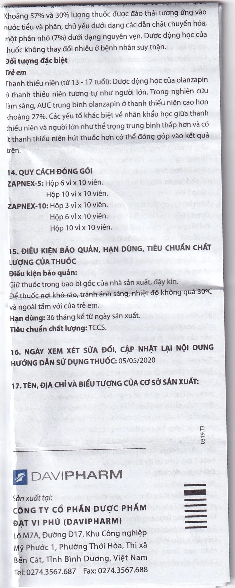 Thuốc Zapnex-5 DaviPharm điều trị tâm thần phân liệt (6 vỉ x 10 viên) 