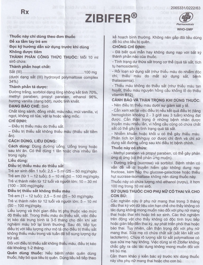 Thuốc Zibifer OPV Pharmaceutical điều trị thiếu máu do thiếu sắt và thiếu sắt không thiếu máu (60ml)