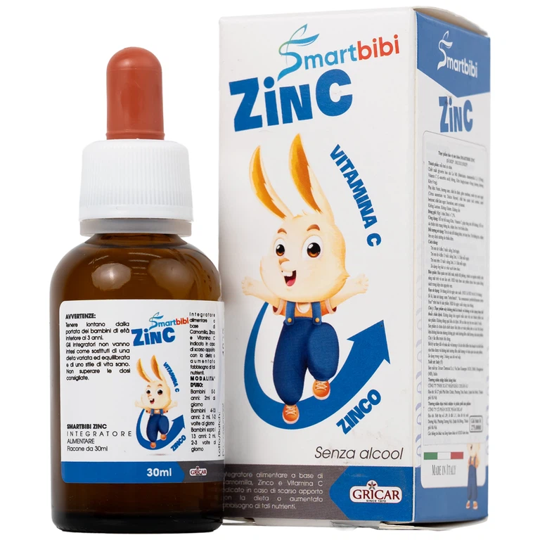 Siro Smartbibi Zinc GRICAR bổ sung kẽm, vitamin C giúp tăng sức đề kháng, cải thiện tình trạng biếng ăn (30ml)