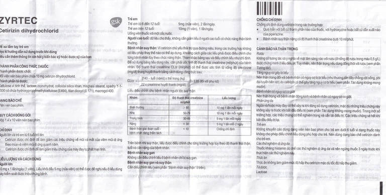 Thuốc Zyrtec GSK giảm viêm mũi dị ứng, mày đay tự phát, mạn tính (1 vỉ x 10 viên)