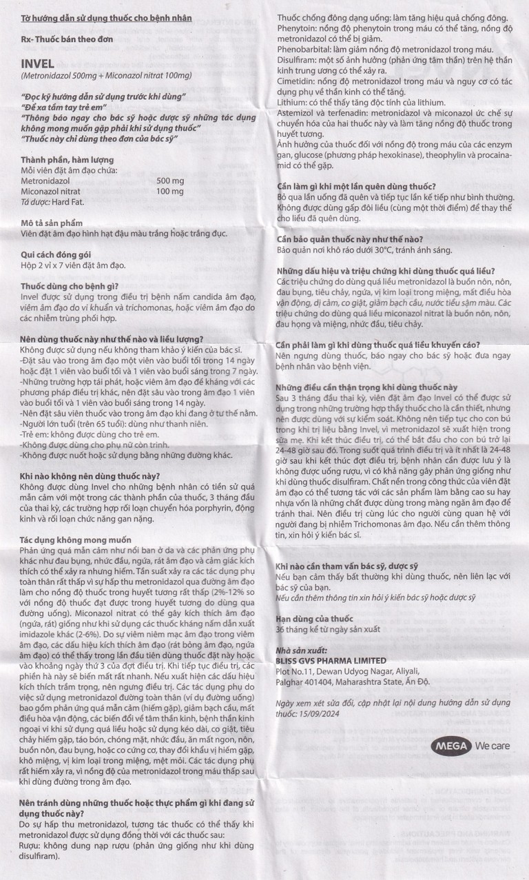 Thuốc Invel Mega Bliss GVS Pharma điều trị viêm âm đạo do nấm, vi khuẩn hoặc trichomonas (2 vỉ x 7 viên)