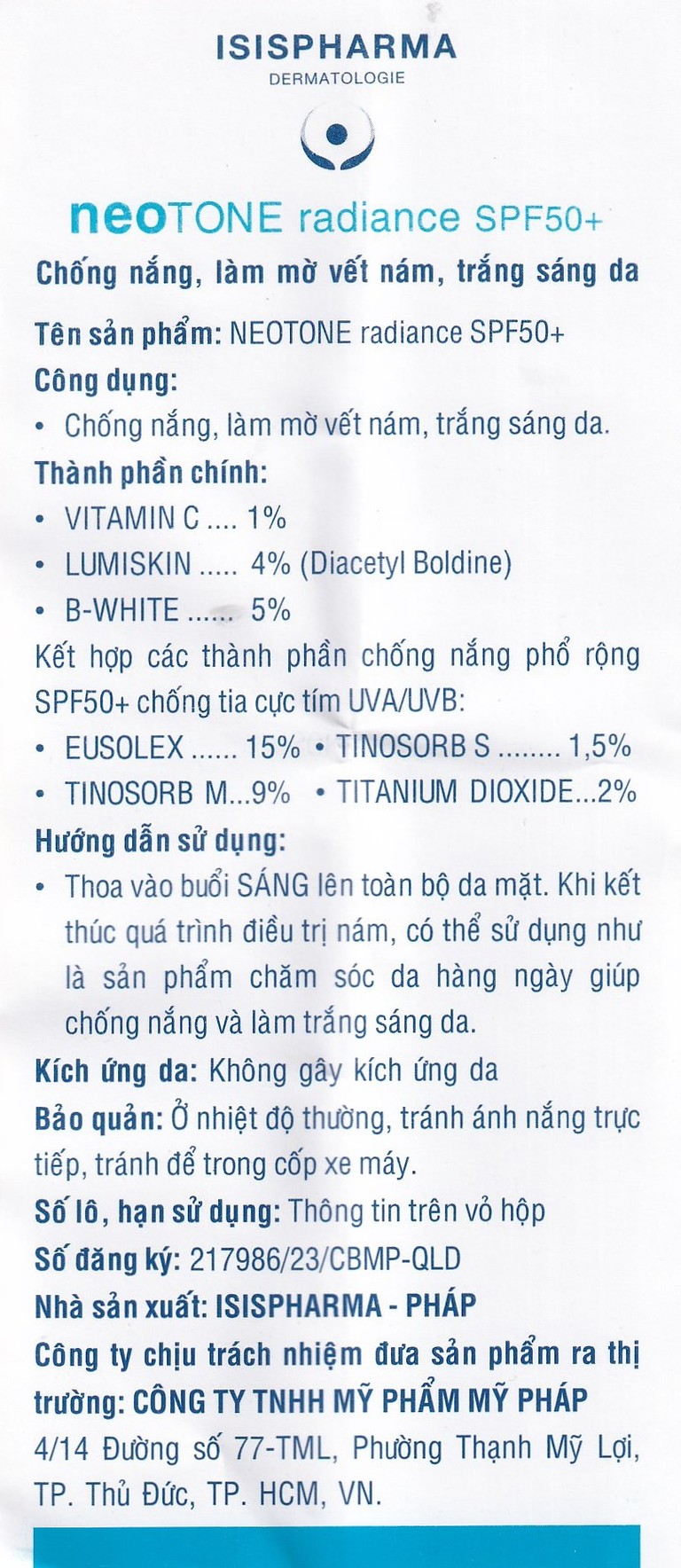 Kem chống nắng Isis Neotone Radiance SPF 50+ hỗ trợ mờ nám, làm trắng da (30ml)