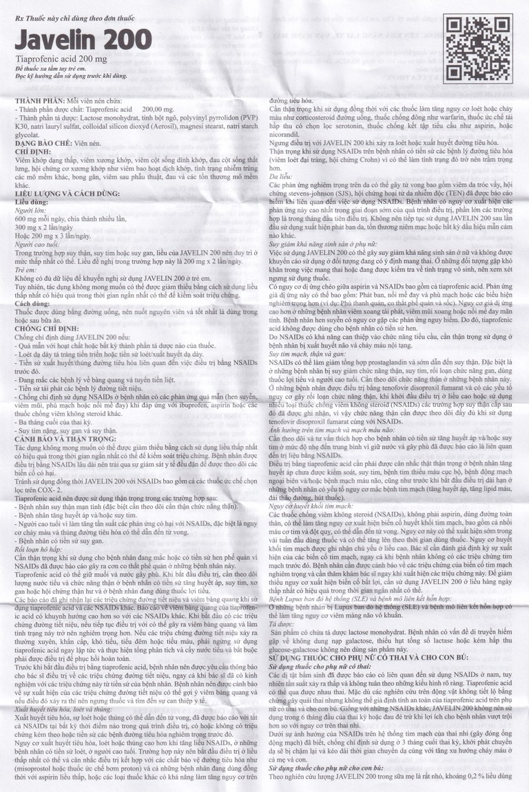 Thuốc Javelin 200mg USP điều trị các bệnh viêm khớp và đau cột sống (3 vỉ x 10 viên)