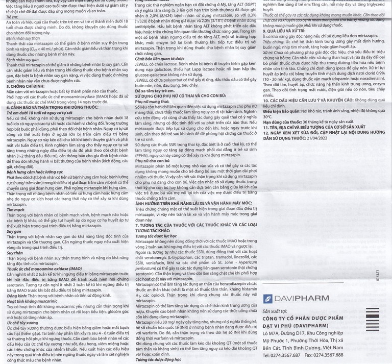 Viên nén Jewell 30mg Davipharm điều trị các đợt trầm cảm nặng (4 vỉ x 7 viên)