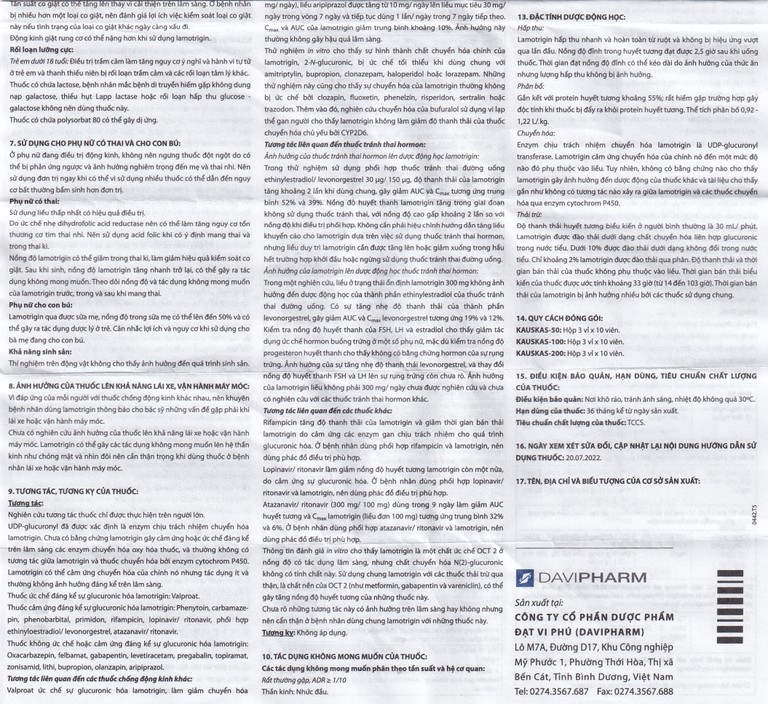 Thuốc Kauskas-100mg Davipharm điều trị động kinh và rối loạn lưỡng cực (3 vỉ x 10 viên)