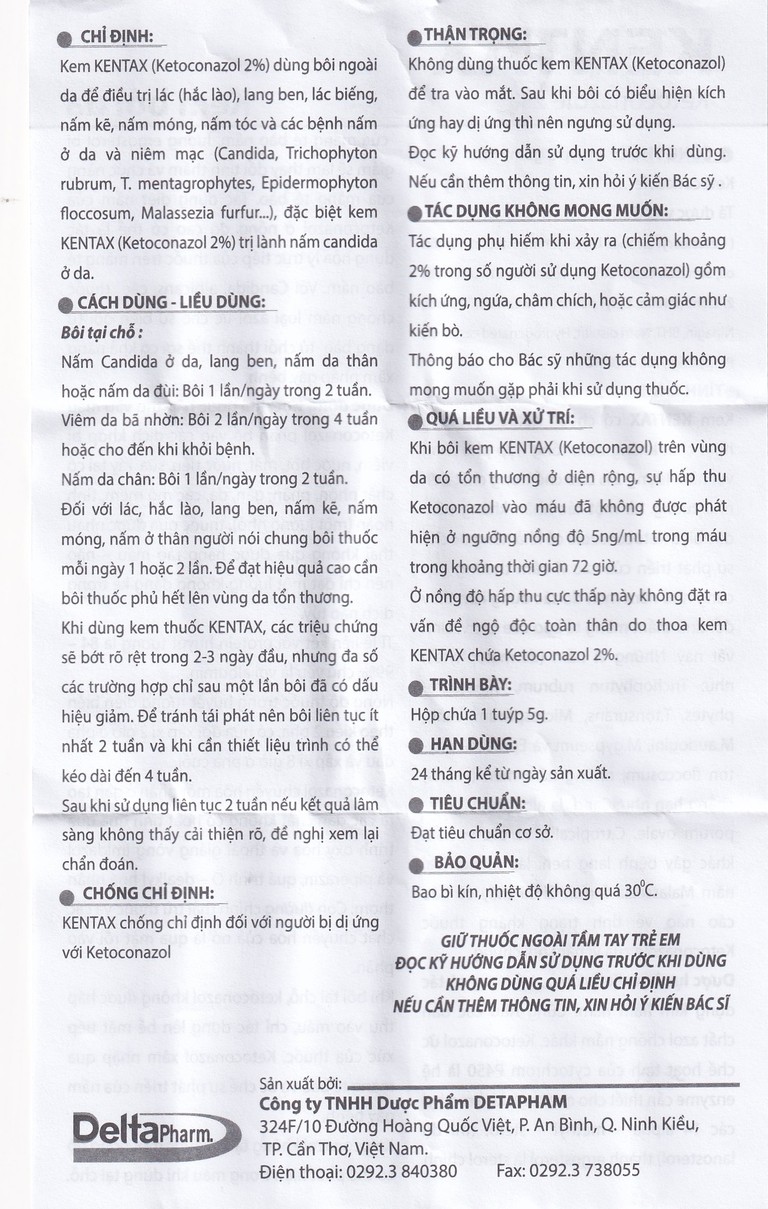 Kem bôi da Kentax Detapharm điều trị lác, lang ben, lác biếng, nấm kẽ (5g)