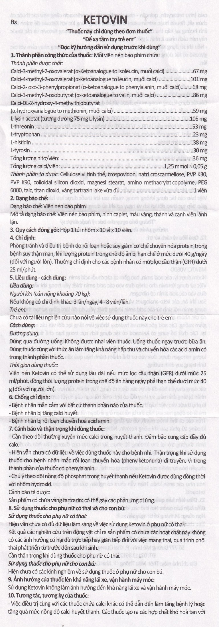 Thuốc Ketovin Vinphaco phòng ngừa và điều trị rối loạn chuyển hóa protein trong suy thận mạn (10 vỉ x 10 viên)