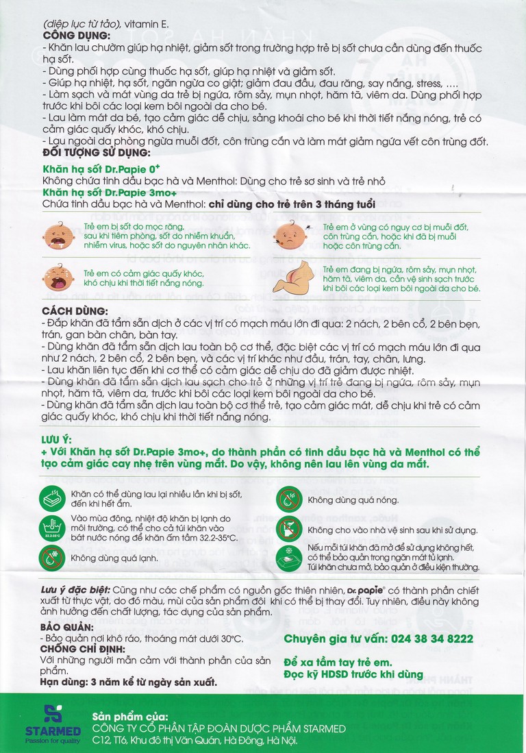 Khăn hạ sốt Dr.Papie 3M0+ hỗ trợ hạ nhiệt giảm sốt (5 túi x 5 khăn)