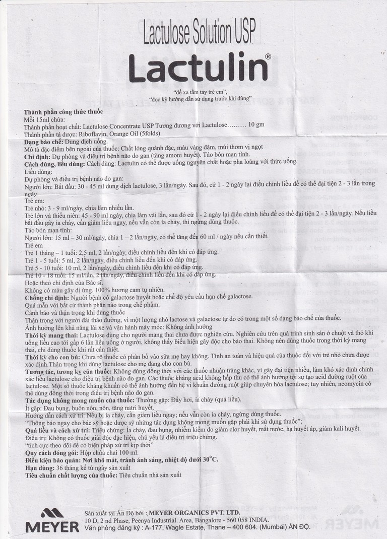 Thuốc Lactulin 10g Meyer giúp dự phòng và điều trị bệnh não do gan, táo bón mạn tính (100ml)