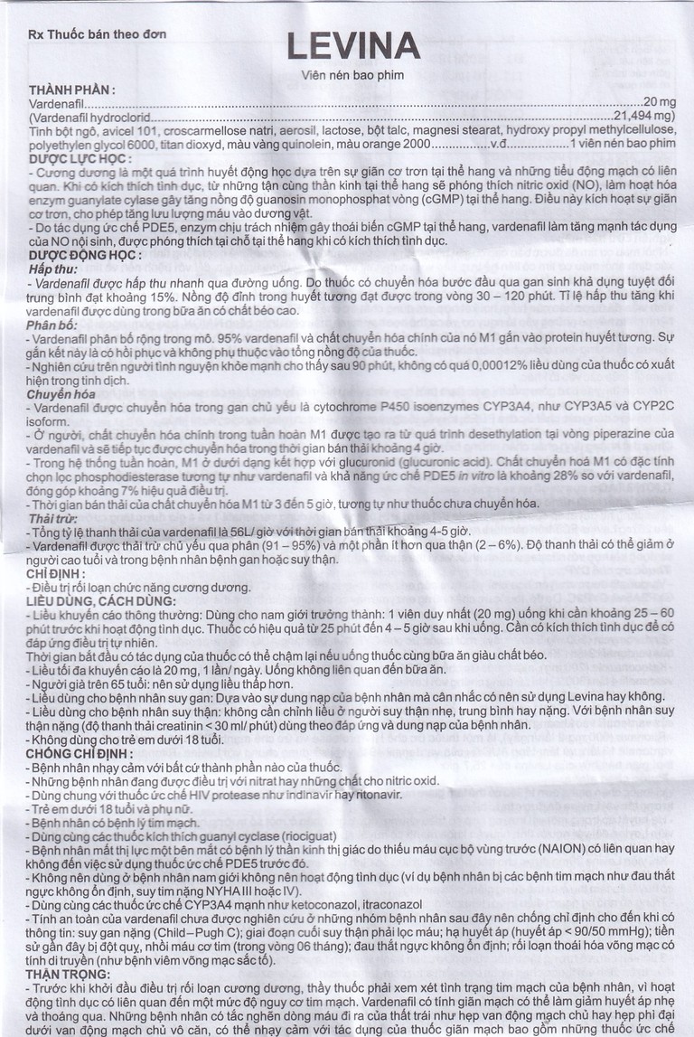 Thuốc Levina 20mg Cophavina điều trị rối loạn chức năng cương dương (1 vỉ x 4 viên)