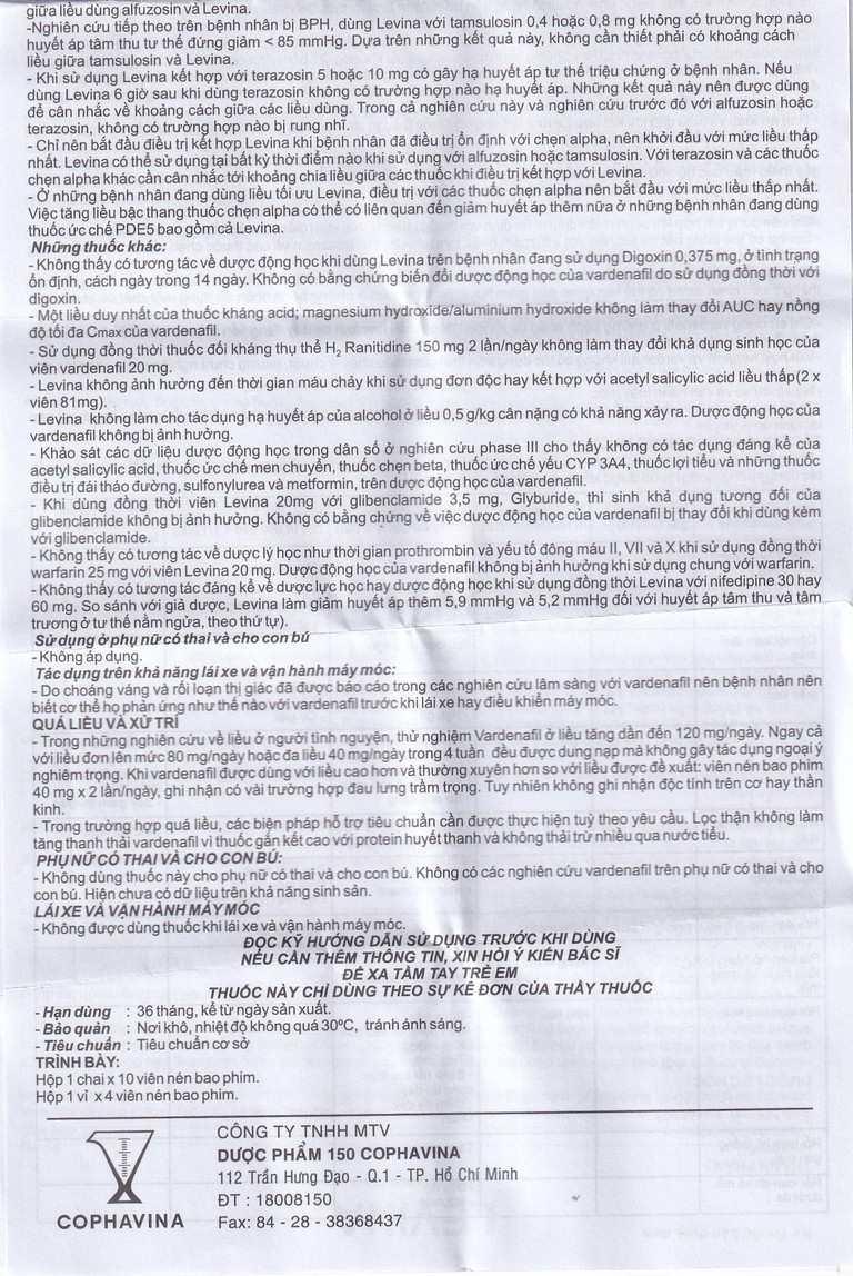 Thuốc Levina 20mg Cophavina điều trị rối loạn chức năng cương dương (1 vỉ x 4 viên)