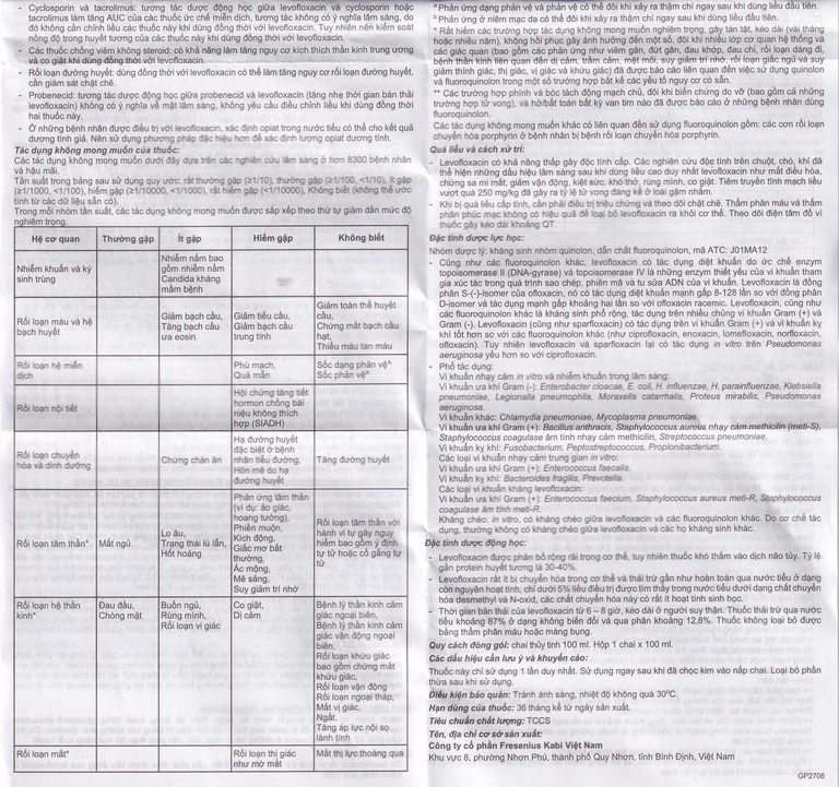 Dịch tiêm truyền Levofloxacin Kabi 100ml Fresenius Kabi điều trị nhiễm khuẩn, viêm phổi