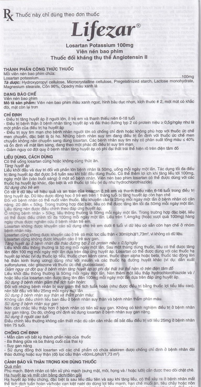 Thuốc Lifezar 100mg United điều trị tăng huyết áp, bệnh thận do đái tháo đường (3 vỉ x 10 viên)
