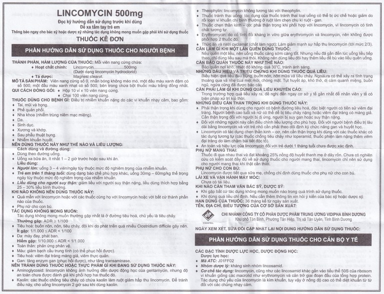 Thuốc Lincomycin 500mg Vidipha điều trị nhiễm khuẩn tai mũi họng, phế quản, phổi (10 vỉ x 10 viên)