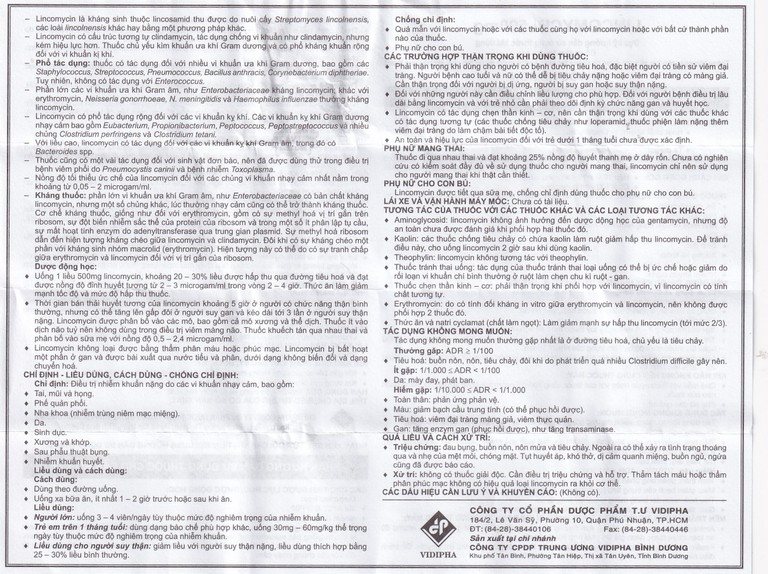 Thuốc Lincomycin 500mg Vidipha điều trị nhiễm khuẩn tai mũi họng, phế quản, phổi (10 vỉ x 10 viên)