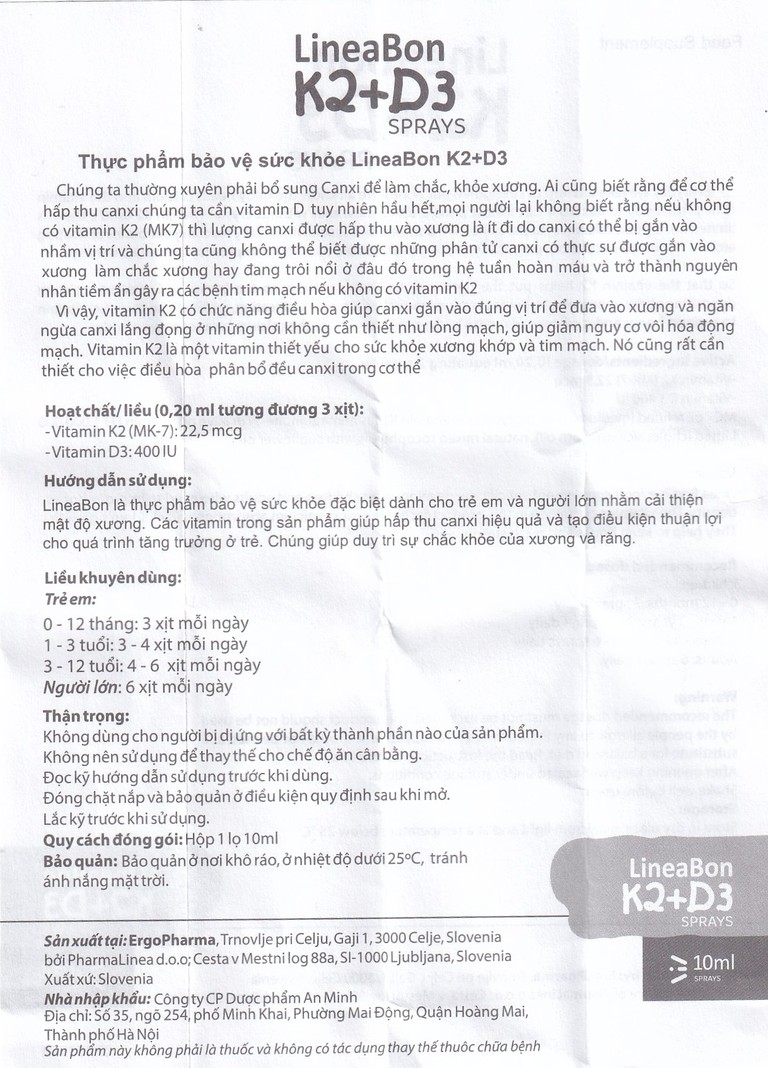 Dung dịch dạng xịt LineaBon K2+D3 10ml bổ sung Vitamin D3 và Vitamin K2, hỗ trợ hấp thu canxi