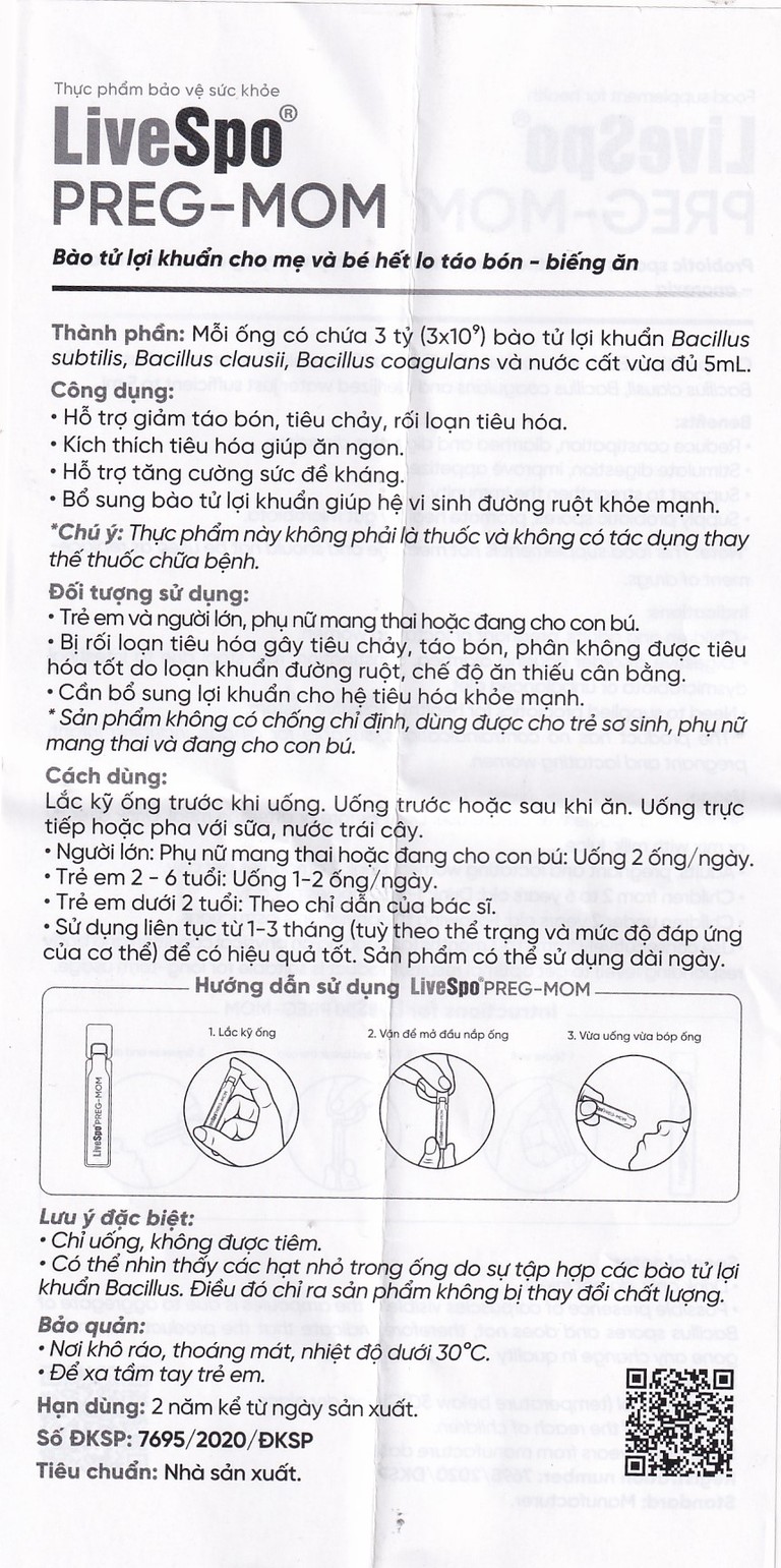 Bào tử lợi khuẩn LiveSpo PREG-MOM bổ sung lợi khuẩn đường ruột (20 ống x 5ml)