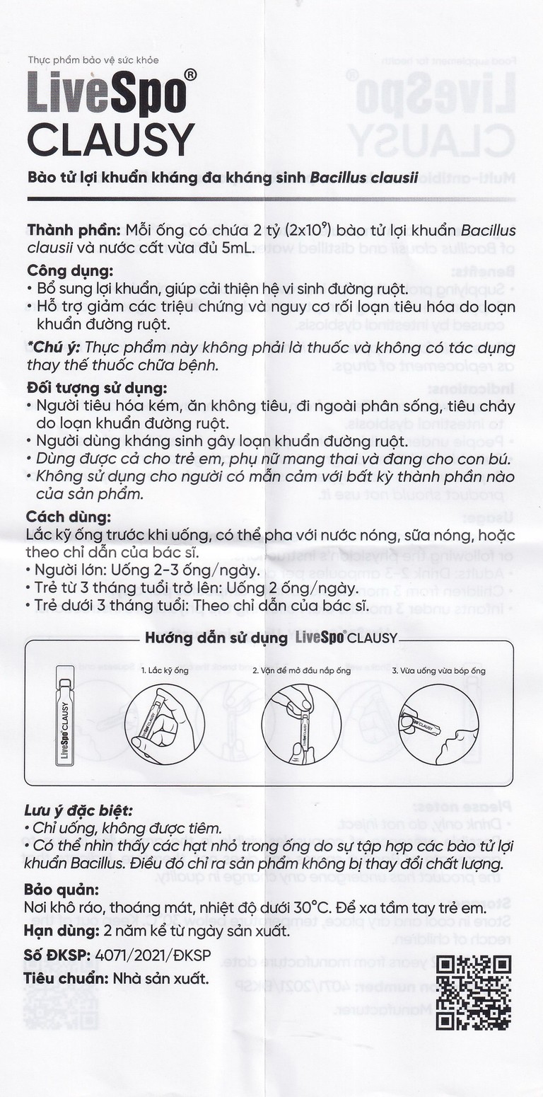 Dung dịch LiveSpo Clausy bổ sung lợi khuẩn, giúp cân bằng hệ vi sinh đường ruột (25 ống x 5ml)