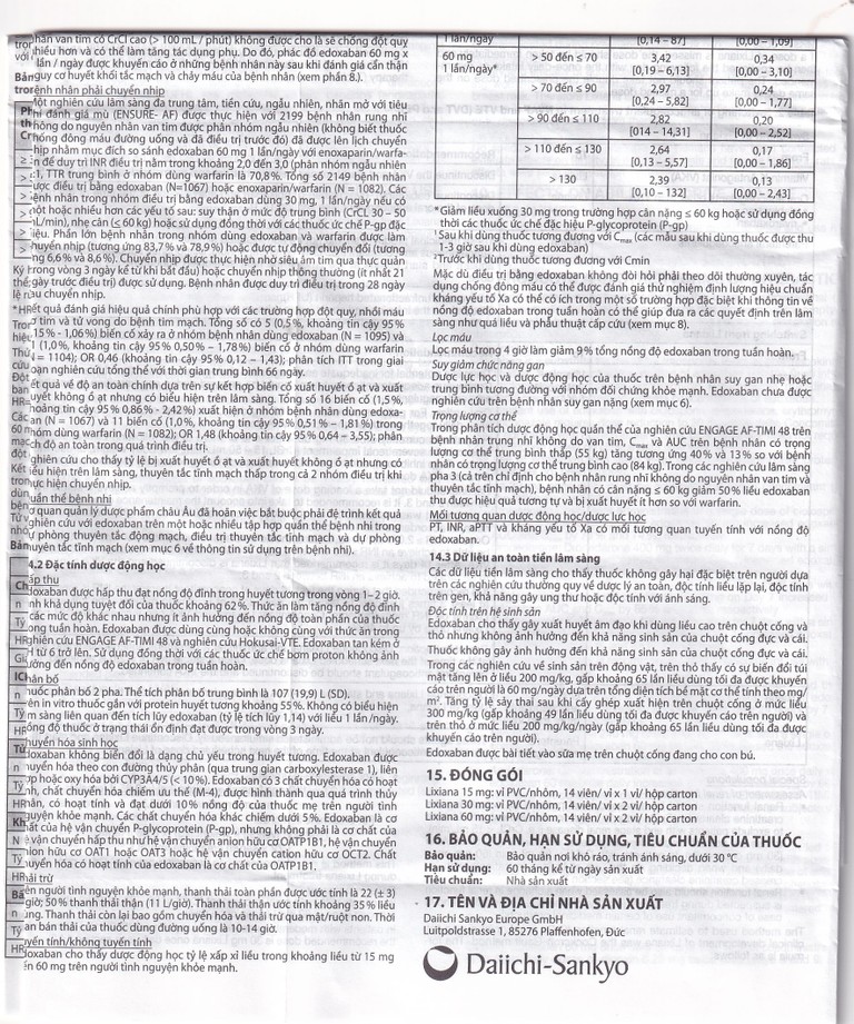 Thuốc Lixiana 60mg Daiichi-Sankyo phòng ngừa đột quỵ và cục máu đông (2 vỉ x 14 viên)