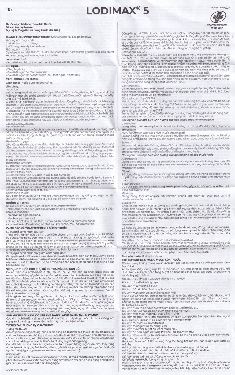 Viên nén Lodimax 5 OPV Pharma chống tăng huyết áp, đau thắt ngực (2 vỉ x 10 viên) 