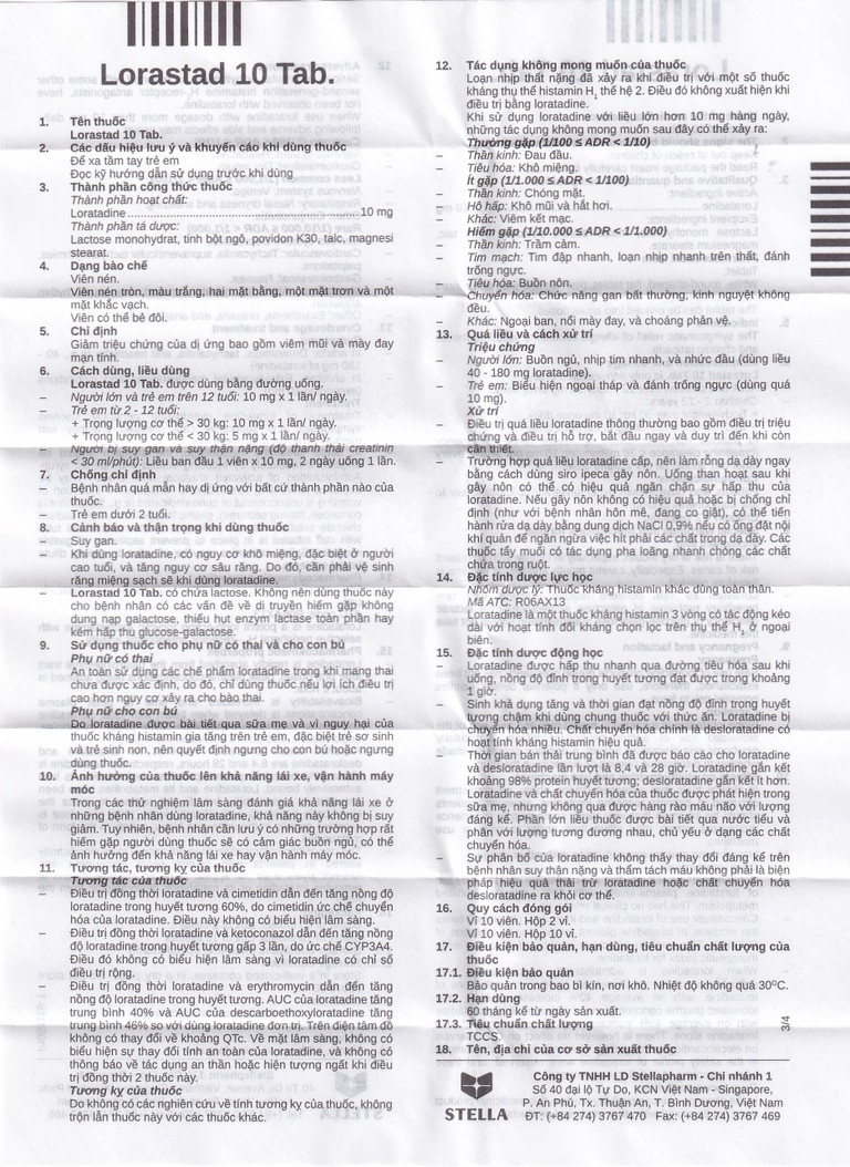 Viên nén Lorastad 10 Tab Stella giảm viêm mũi và mày đay mạn tính (2 vỉ x 10 viên)