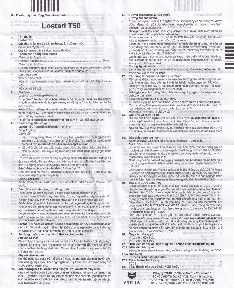 Thuốc Lostad T50 50mg Stella điều trị tăng huyết áp (3 vỉ x 10 viên)