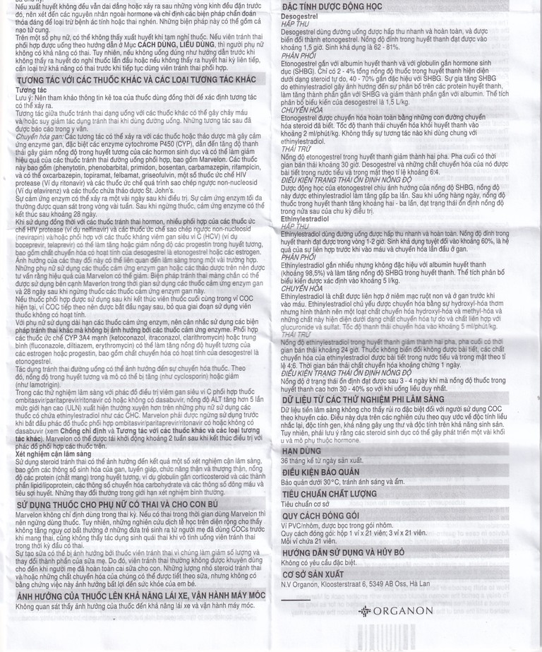 Thuốc tránh thai Marvelon Organon (3 vỉ x 21 viên)