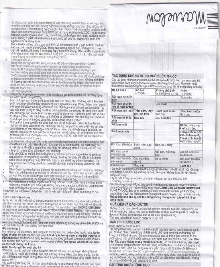 Thuốc tránh thai Marvelon Organon (21 viên)