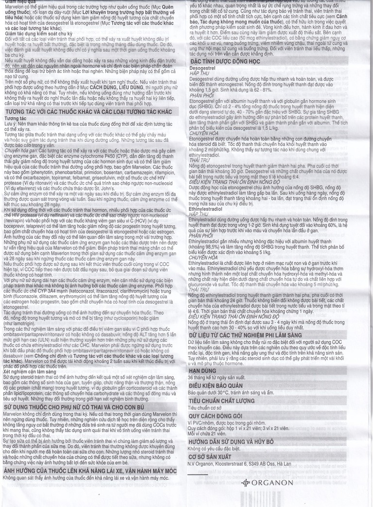 Thuốc tránh thai Marvelon Organon (21 viên)